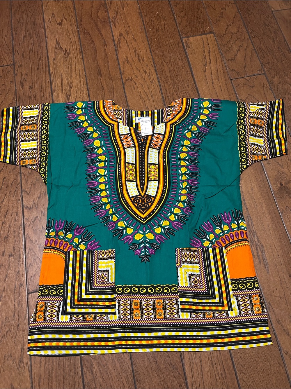 Teal Dashiki Short Sleeve Tee with Orange & Yellow Accents